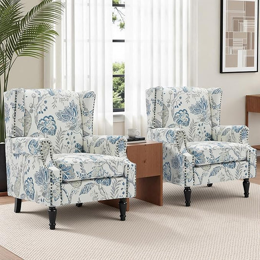 Wingback Chairs Set of 2, High Back Floral Accent Chair in Fabric, Comfy Upholstered Armchair with Nailhead Trim for Living Room, Single Sofa Reading Chair for Small Spaces, Bedroom-Plants Blue