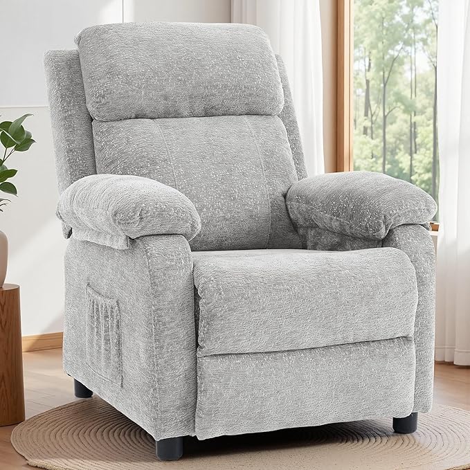 Korser Recliner Chair, Living Room Chairs for Adults, Padded Deep Seat Reading Chair with Side Pockets, Small Recliners for Small Spaces, Lounge Chair for Living Room, Bedroom, and RV (Chenille)