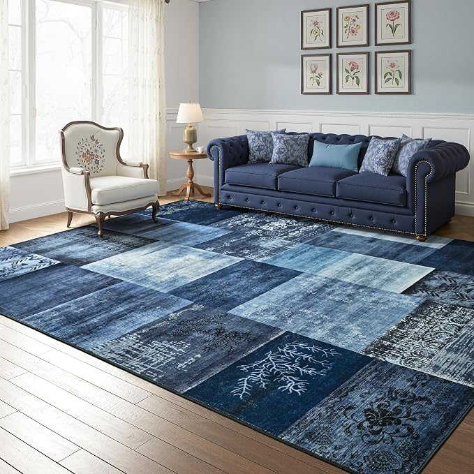 Tepook 4x6 Blue Area Rugs for Living Room, Modern Large Geometric Rug for Bedroom, Washable Patchwork Rug Indoor Non Slip Throw Carpets for Dining Room Office Farmhouse Home Decor