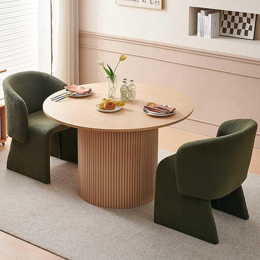 NORDICANA 3-Piece Round Dining Table Set for 2, Rustic 47-Inch Kitchen Table and Chair Set, Dining Set with Dark Green Upholstered Armchairs, Manufactured Wood Top with Oak Veneer