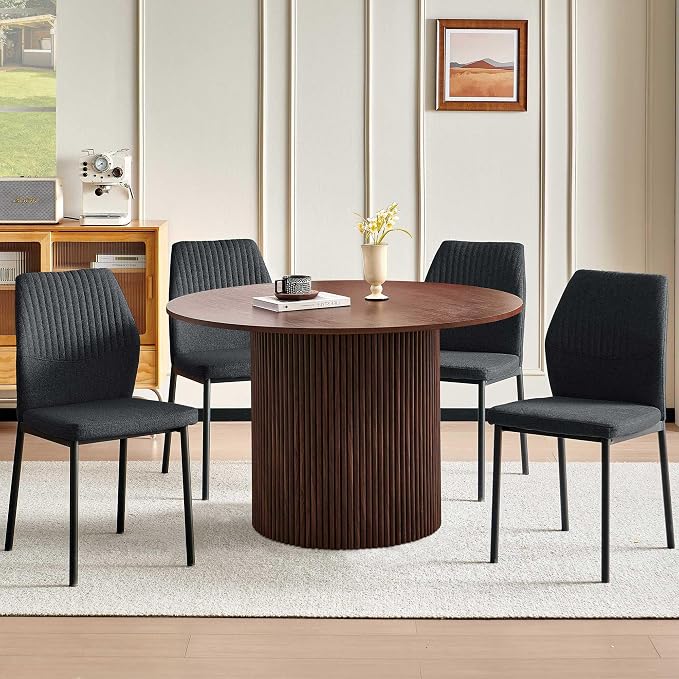 Dining Table Set for 4, 47" Wooden Round Kitchen Table with Linen Fabric Chairs for Kitchen Room and Small Spaces(Walnut Table + 4 Black Chairs)