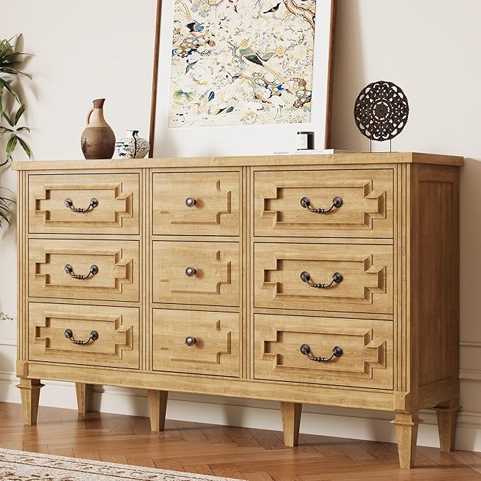 9 Drawer Dresser for Bedroom, 35.7" Tall Dresser & Chest of Drawers wtih Vintage Surface, Closet Storage Cabinet for Living Room, Hallway, Natural Oak