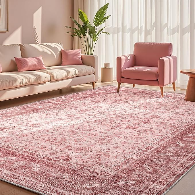 OPPODREAM Vintage Pink Area Rugs 9x12, 9 x 12 Retro Washable Rug Non Slip, Low-Pile Faux Wool Carpet, Distressed Floor Mat for Living Room, Bedroom, Office, Dorm, Dinning Room, Big & Large