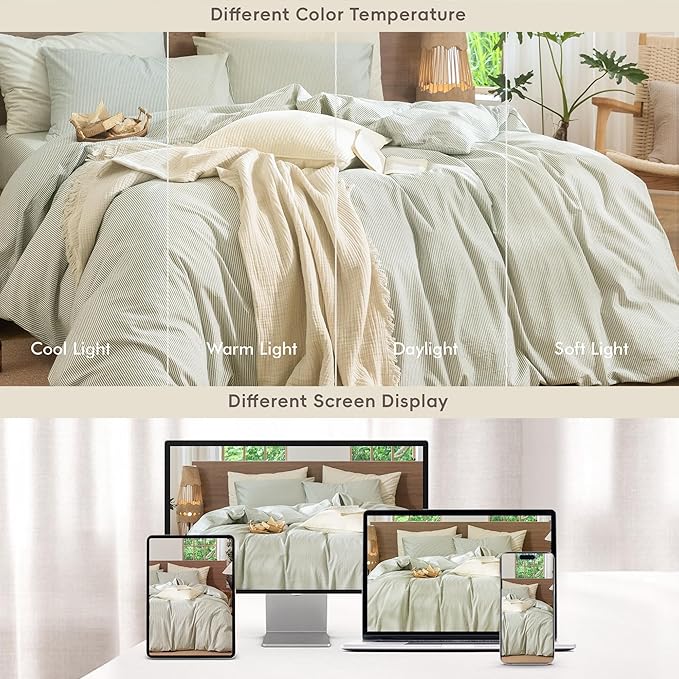 MooMee Striped Duvet Cover Set 100% Washed Cotton Linen Like Textured Breathable Durable Soft Comfy (Sage Green White Pinstripes, Queen 90"x90")
