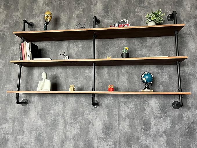 HDDFER Floating Shelves 70 inch Wall Bookshelf Industrial Pipe Shelving Shelves Real Wood Planks Rustic Wall Shelves Hanging Bookshelves Farmhouse Kitchen Bar Shelving