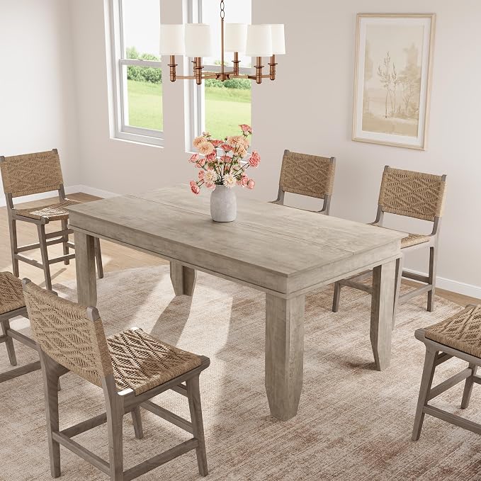 GarveeHome Farmhouse Dining Table for 4-6 People, 63 in Long Kitchen Tables with Wooden Sturdy Frame, 5 ft Large Rectangular Dinner Table for Dining Room, Kitchen, Grey, 63" Non-extendable