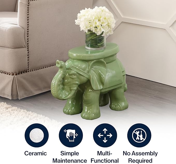 JONATHAN Y TBL1007F White Elephant 14.25" Ceramic Indoor/Outdoor Garden Stool Coastal, Contemporary, Transitional, Patio, Garden Room, Bathroom, Living Room, Green