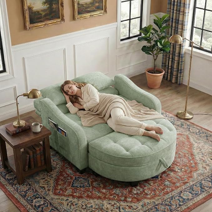 Round Chaise Lounge Chair with Storage Ottoman, Oversized Bubble Chair and a Half Featuring Adjustable Backrest, Plush Reading Accent Chair and Ottoman Set for Bedroom, Mint Cyan