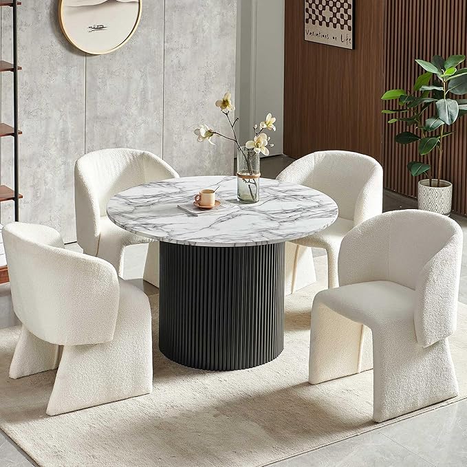 NORDICANA 5-Piece Round Dining Table Set for 4, Modern 47-Inch Kitchen Table and Chair Set, Dining Set with Off White Upholstered Armchairs, Manufactured Wood Top with White Marble Effect Finish