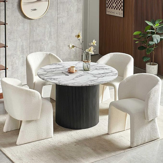 NORDICANA 5-Piece Round Dining Table Set for 4, Modern 47-Inch Kitchen Table and Chair Set, Dining Set with Off White Upholstered Armchairs, Manufactured Wood Top with White Marble Effect Finish