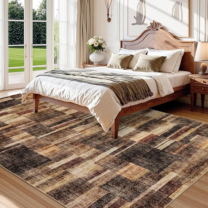 Modern Area Rugs 5x7 Washable Rugs for Bedroom Geometric Throw Rugs with Non-Slip Backing, Non-Shedding Contemporary Accent Carpet, Low Pile Floor Cover for Bedroom, Office, Brown