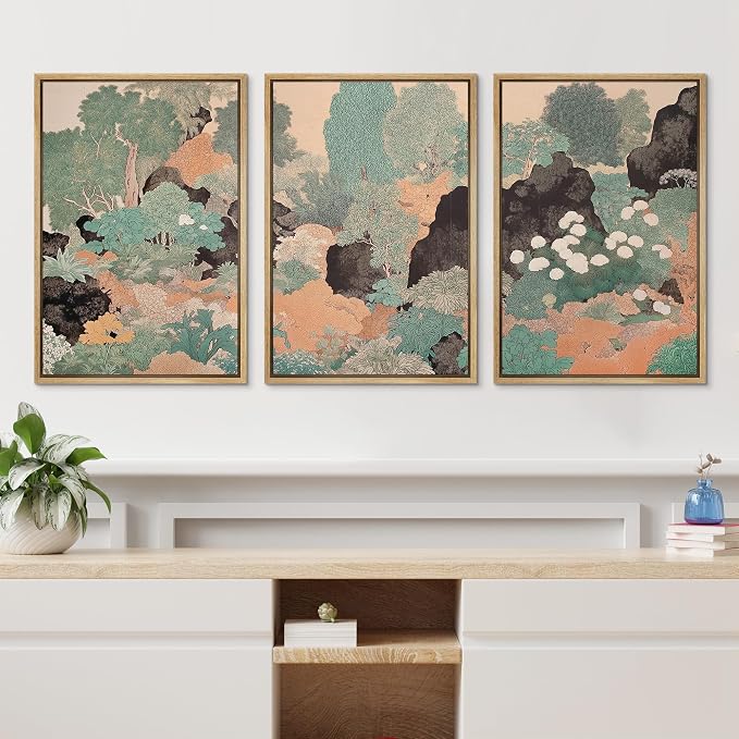wall26 Framed Print Wall Art Set Vintage Japanese Garden Landscape Decorative Minimal Relax/Zen for Living Room, Bedroom, Office - 16"x24"x3 NATURAL