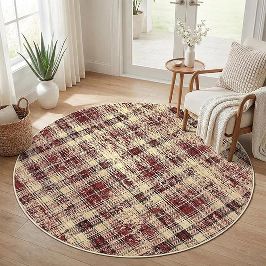 Tartan Plaid Round Area Rugs 4ft, Washable Non-Slip Soft Small Round Rug 4x4 Ultra-Thin Circle Low Pile Stain Resistant Carpet for Bedroom Entryway Kitchen Laundry Bathroom, Red