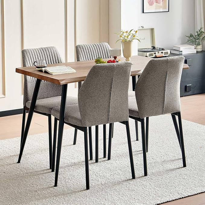 Dining Table Set for 4, Modern Wood Irregular Rectangle Dining Table, Linen Fabric Dining Chairs 4,Table and Chairs Set of 4 for Kitchen Dining Room, Light Brown