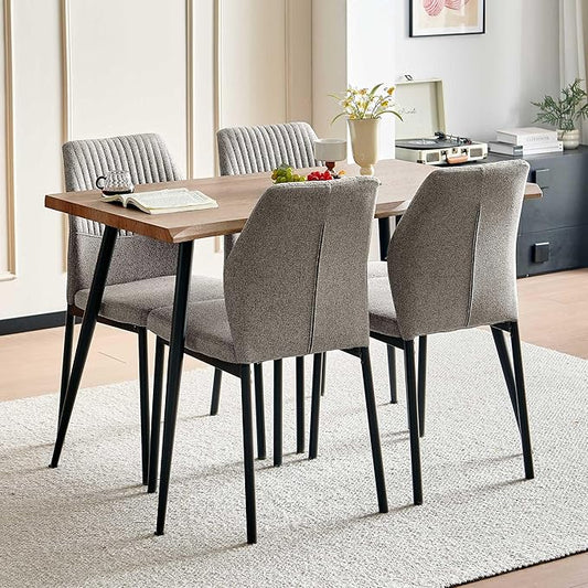 Dining Table Set for 4, Modern Wood Irregular Rectangle Dining Table, Linen Fabric Dining Chairs 4,Table and Chairs Set of 4 for Kitchen Dining Room, Light Brown
