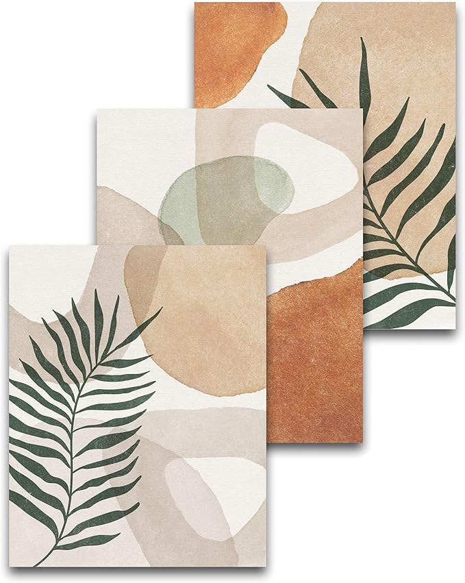 HesenDot Unframed Neutral Boho Wall Art Set of 3, 12x16in Botanical Leaves Abstract Geometric Canvas Posters, Minimalist Modern Aesthetic Wall Decor for Bedroom Living Room Home, Unframed