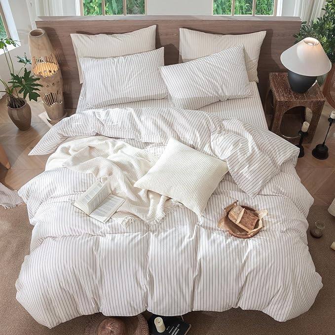 MooMee Striped Duvet Cover Set 100% Washed Cotton Linen Like Textured Breathable Durable Soft Comfy (White Orange Wide Stripes, Twin 68"x90")