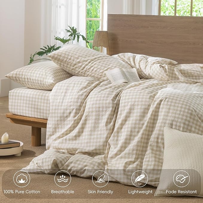 MooMee Gingham Duvet Cover Set 100% Washed Cotton Linen Like Textured Breathable Durable Soft Comfy Modern Checkered Design (Almond Milk Grey Gingham, Full 80"x90")