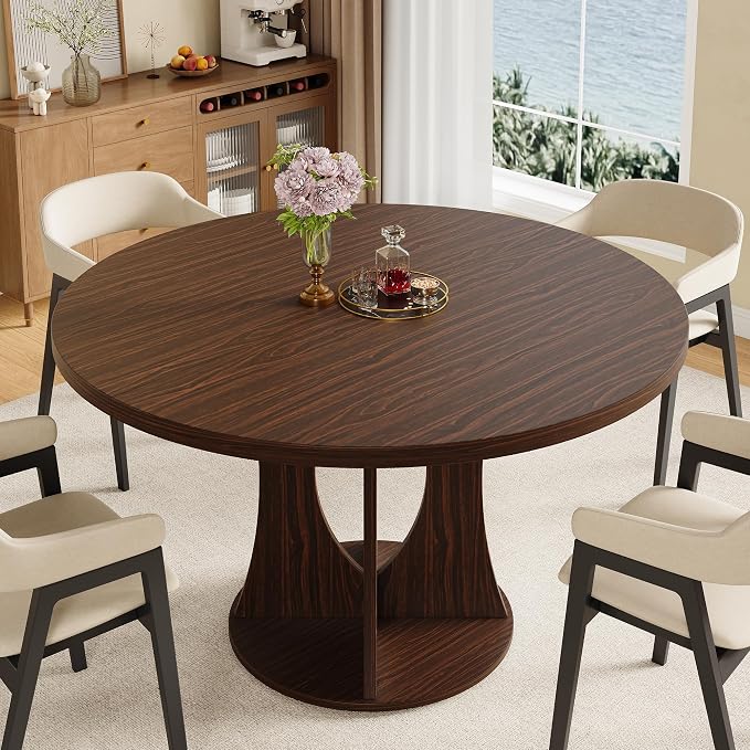 iPormis 47 Inch Round Dining Table for 4-6 People, Wooden Dining Room Table with Pedestal Base, Modern Kitchen Table for Apartments, Dining Room, Kitchen or Living Room, Dark Walnut, Table Only