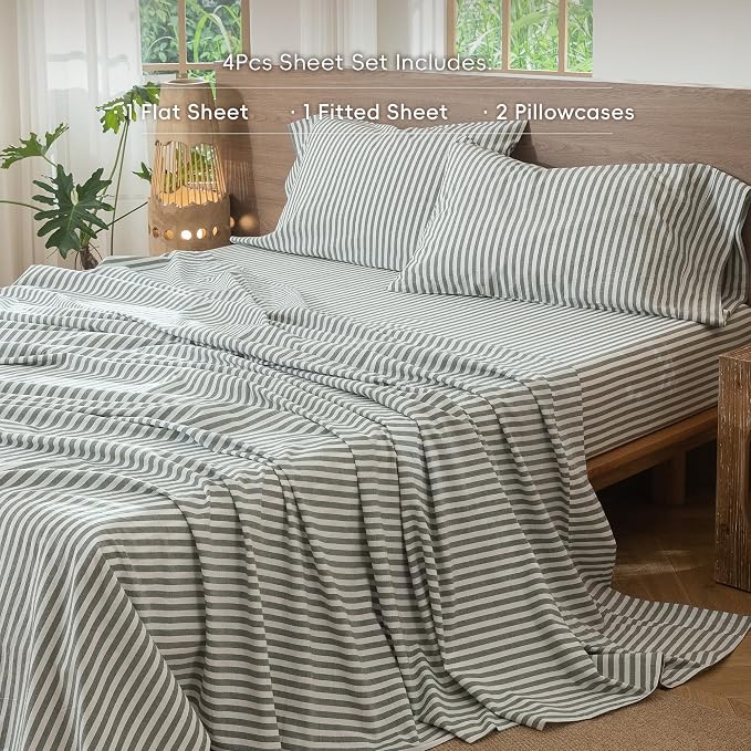 MooMee Striped Sheet Set 100% Washed Cotton Linen Like Textured Breathable Durable Soft Comfy (Heathered Green Classic Stripes, King)