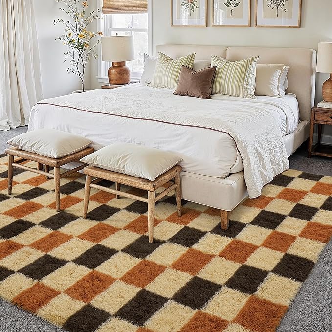 Checkered Rug 5x8 for Living Room, Colorful Modern Shag Rug Super Soft Washable Indoor Fuzzy Carpet Non-Slip Fluffy Rugs for Bedroom Home Aesthetic Decor