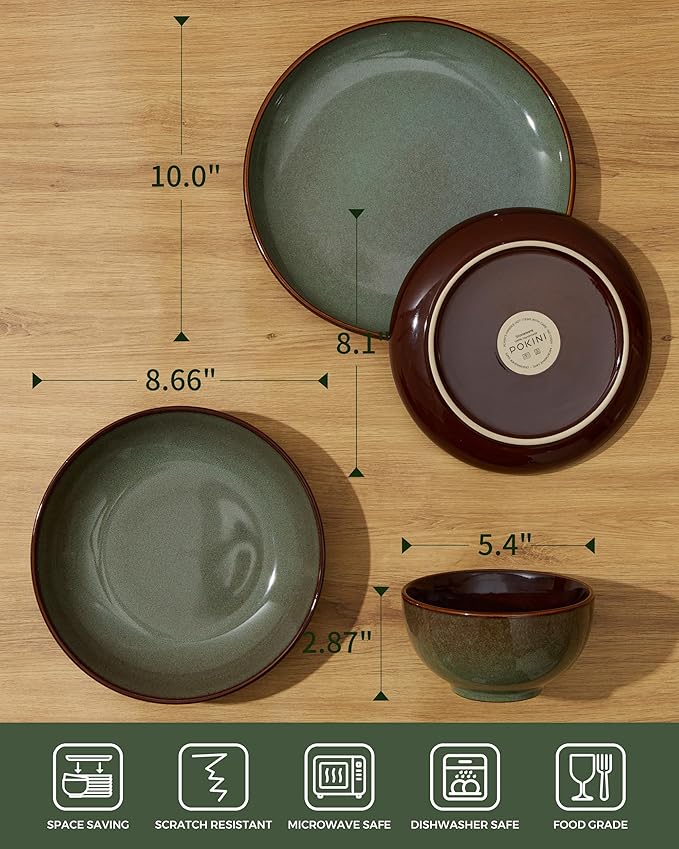 24 Piece Double Bowl Dinnerware Sets with Pasta Bowls, Highly Chip and Crack Resistant Plates and Bowls Sets, Natural Earthyware Ceramic Dishware Sets, Service for 6 Sage Green