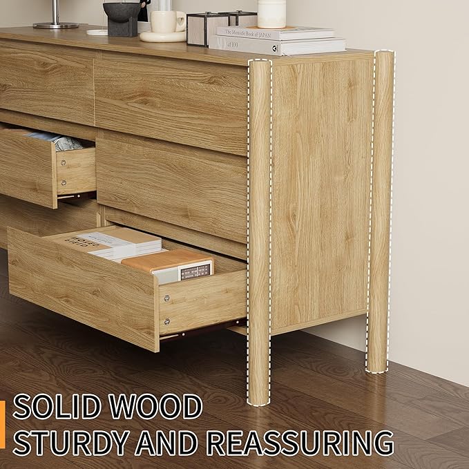 Dresser for Bedroom,6-Drawers,47" Wide Farmhouse Large Dressers & Chest,4 Solid Wood Legs,TV Stand, Storage Organizer Furniture for Bedroom(Oak)