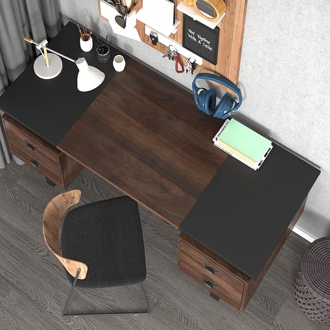 Computer Desk for Home Office with 4 Large Drawers, Rustic Wood Writing Study Table with Metal Frame, 59” x 21.7” x 29.5”, Easy Assembly, Brown and Black CTSZ20401WACM