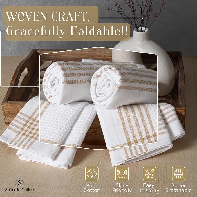 Waffle White & Beige Kitchen Dish Towels 12 Pack, 100% Cotton, 16x26 inches, Durable Dish Cloths Set, Quick Dry Kitchen Rags, Everyday Use Cooking and Cleaning Hand Towels, Bar Towel