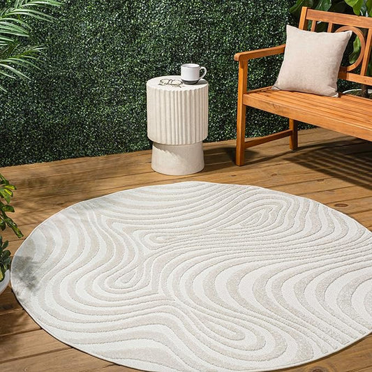 JONATHAN Y Maribo High-Low Abstract Striped Cream/Ivory 6' Round Indoor/Outdoor Area Rug, Pet Friendly, Non-Shedding, Stain Resistant, Easy-Cleaning for Backyard, Patio, Porch (SCN103A-6R)