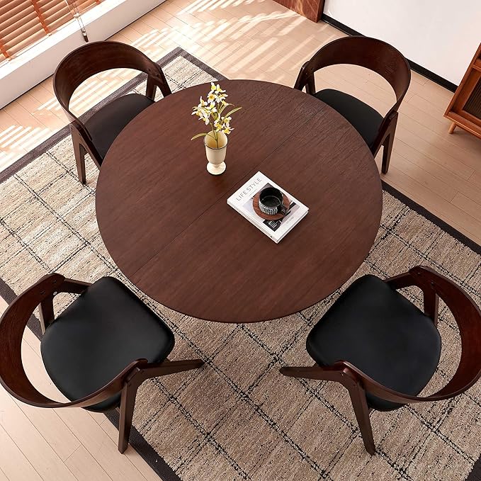Howtek 47″ Round Dining Table Set for 4-6 People, 5 Piece Modern Kitchen Table with Natural Walnut Wood Grain Finish & 4 PU Leather Upholstered Dining Chairs（Curved Backrest & Solid Wood Legs ）