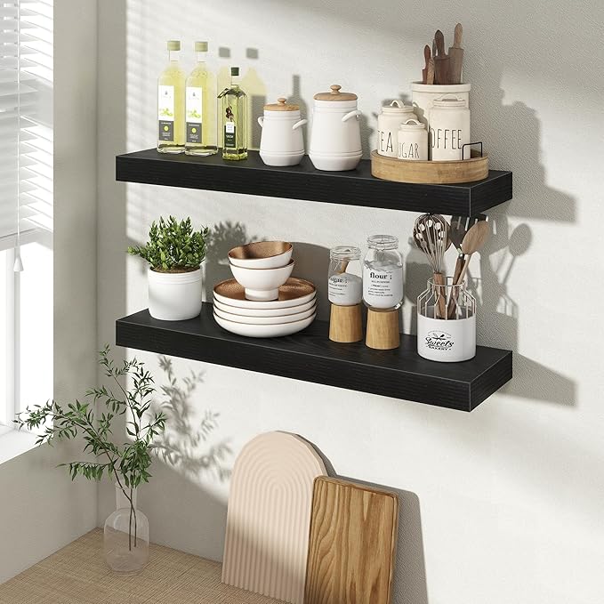 24 Inch Floating Shelves for Wall 2 Pack, 24" Wall Shelves for Books, Storage, Decor, Wall Mounted Floating Shelf with Invisible Brackets for Kitchen, Living Room, Black