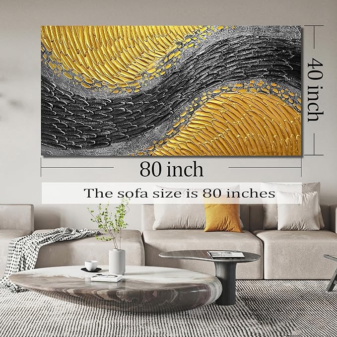 CPKATMT Large Abstract Canvas Wall Art For Living Room Black And Gold Painting Wall Decor For Office 3d Wall Art For Dining Room Size 40 x 80 Inch