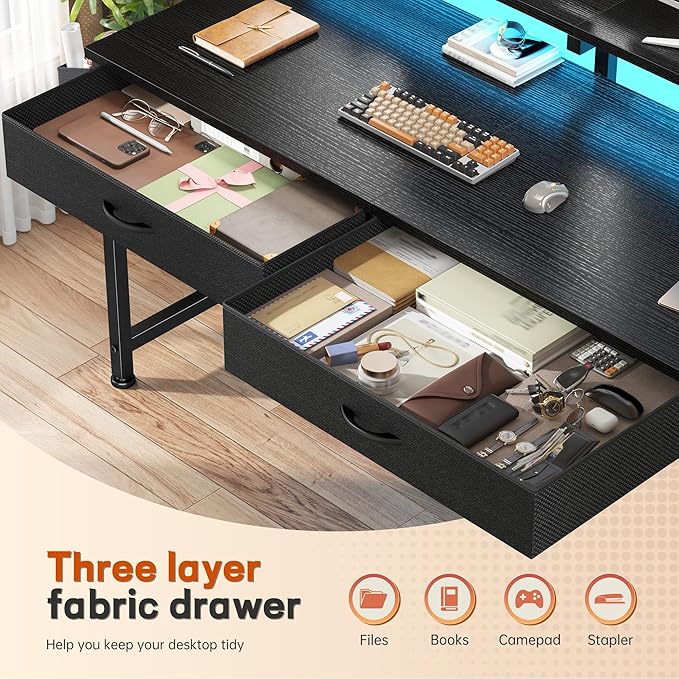 DurayLoly 47.3Inch Gaming Desk with LED Lights with 2 Drawers, Home Office Desk Computer Desk with Side Pocket & Ergonomic Monitor Stand, Small Space Study Writing Table with Anti-Tip Design,Black