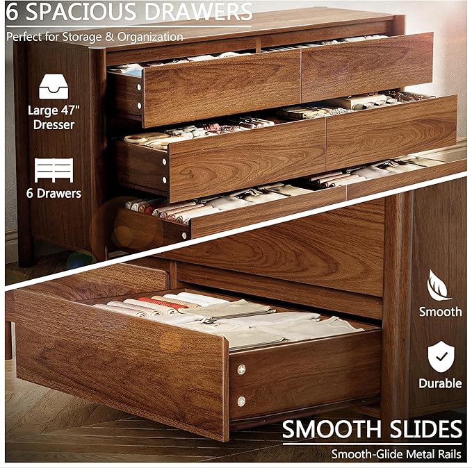 47" Wide 6-Drawer Dresser, Farmhouse Storage Chest with Solid Wood Legs, Large Organizer TV Stand for Bedroom, Living Room & Hallway, Walnut Finish