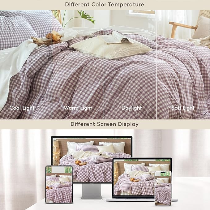 MooMee Gingham Duvet Cover Set 100% Washed Cotton Linen Like Textured Breathable Durable Soft Comfy Modern Checkered Design (Classic Gingham Light Purple, Queen 90"x90")