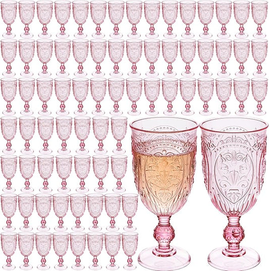 Plastic Wine Glasses 100Pcs Plastic Goblets 7.5oz Colored Retro Embossed Glassware Vintage Stemmed Drinking Cup Reusable Water Goblets for Wedding Reception Grand Event Party Bar,Whiskey (Pink)