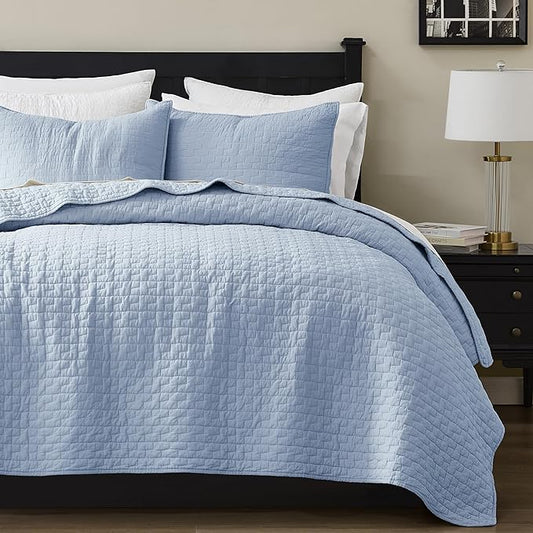 palassio Baby Blue 100% Cotton Quilt California Cal King Size Bedding Sets with 2 Pillow Shams, Textured Oversized Lightweight Bedspread Shabby Chic Coverlet, Soft Bed Cover for All Season, 3 Pieces
