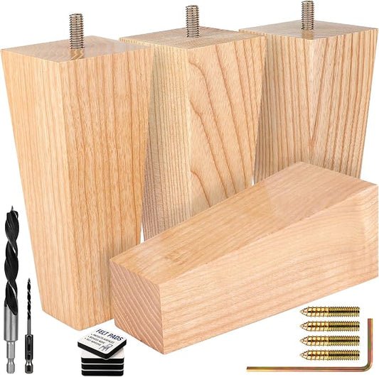 Airy Abode Premium Ash Wood Square Furniture Legs (Full Install Kit) - Pick Your Size and Color