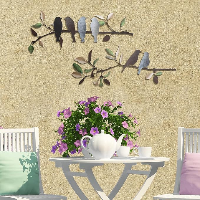 Demissle 2 Pcs Metal Birds Wall Art Decor Vivid Birds on Branch with Leaves Rustic Wall Decor Waterproof Metal Sculpture Hanging Sign for Home Balcony Garden Indoor Outdoor(Retro Colors)