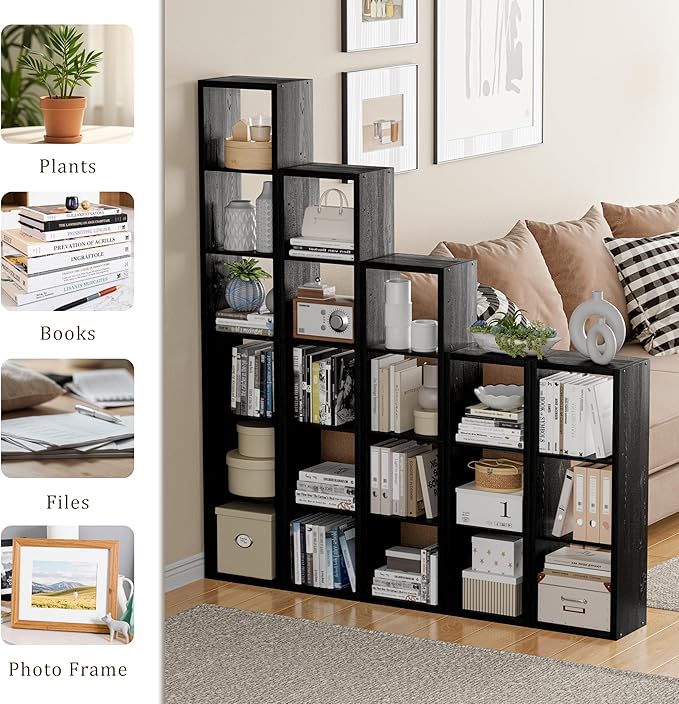 Tall Cube Storage Organizer Bookcase, 6 Tier 11 inch Open Back Cubical Shelf with Thickened Border, Display Bookshelf for Living Room, Home Office, Sturdy Room (Black, 6 Cube,Vertical)