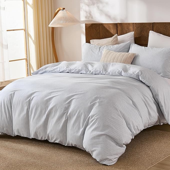 Merryword Striped Duvet Cover Set Queen Size - 100% Cotton Duvet Cover Set with Zipper Closure & 8 Corner Ties, Blue Pinstripe Bedding Set 3 Pieces, Soft Linen Like Bedding Set for All Seasons