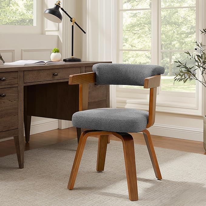 Art Leon Office Chair No Wheels - Mid Century Modern Desk Chair, Fabric Upholstered Accent Arm Chair with Wood Legs for Small Spaces Home Office Living Room Bedroom Study, Off White/Walnut
