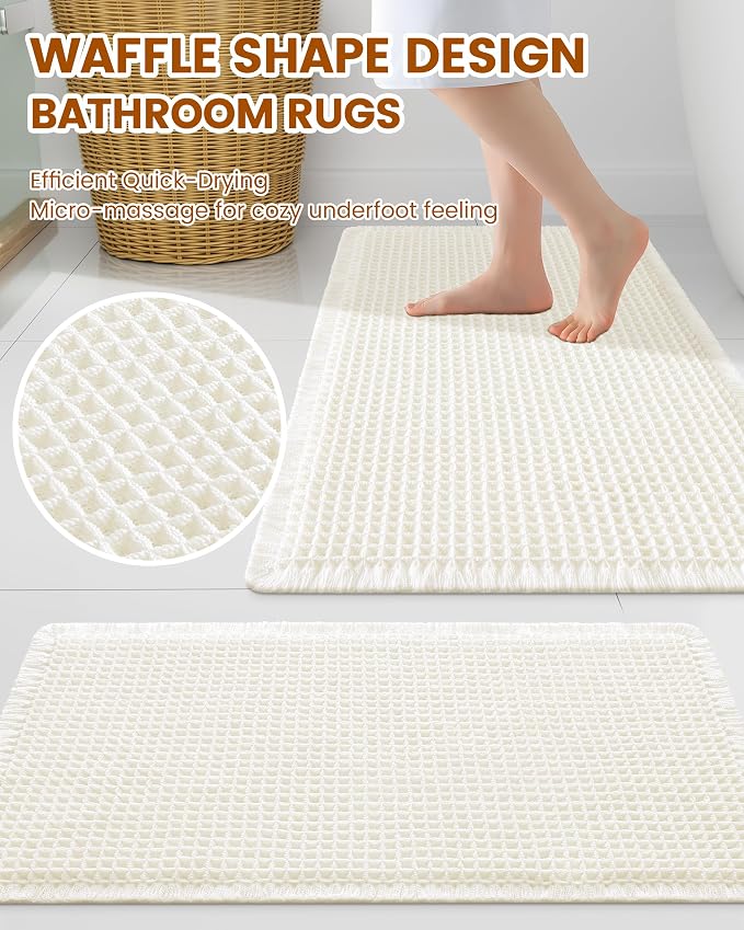 Smiry Waffle Bath Mat 30x20, Extra Soft Absorbent Bathroom Rugs, Non Slip Machine Washable Quick Dry Bath Rugs for Bathroom Floor, Tub, Shower, Home Decor Accessories, Cream