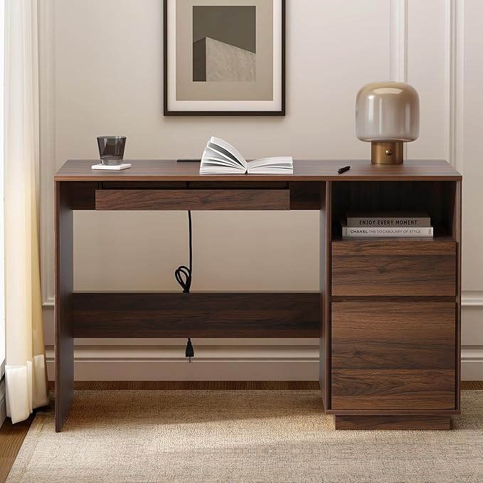 47" Executive Desk with File Drawer, Farmhouse Computer Desk with Charging Station and Open Storage Compartment Wooden Home Office Desk for Writing Study Working, Brown