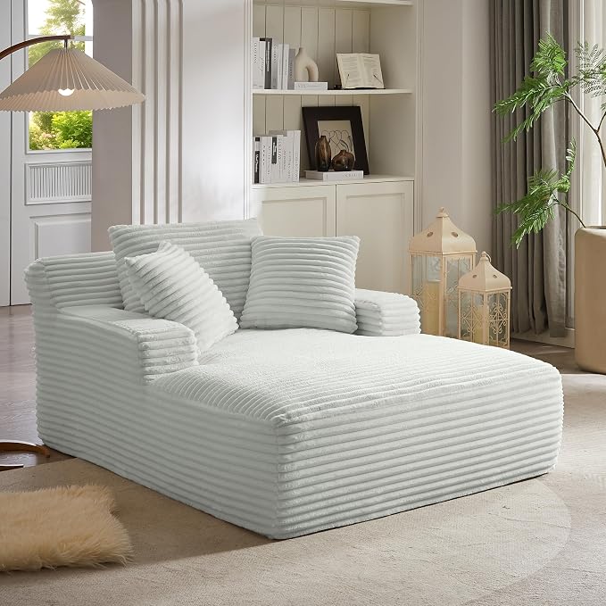 50" Indoor Oversized Chaise Lounge, Corduroy Upholstered Sleeper Chair with 3 Pillows & Armrests, Spring Cushion Lazy Sofa Bed for Living Room Apartment, Light Grey