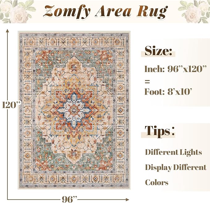 Area Rug 8x10 Vintage Rug: Large Washable Indoor Medallion Rugs Low Pile Distressed Floor Carpet Retro Accent Rug for Living Room Bedroom Kitchen Dining Table Home Office(Green/Yellow, 8'x10')
