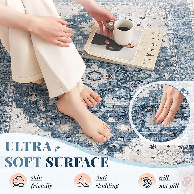 Area Rug 5x7 Vintage Rug: Washable Indoor Medallion Rugs Low Pile Distressed Floor Carpet Retro Accent Rug for Living Room Bedroom Kitchen Dining Table Home Office(Blue, 5'x7')