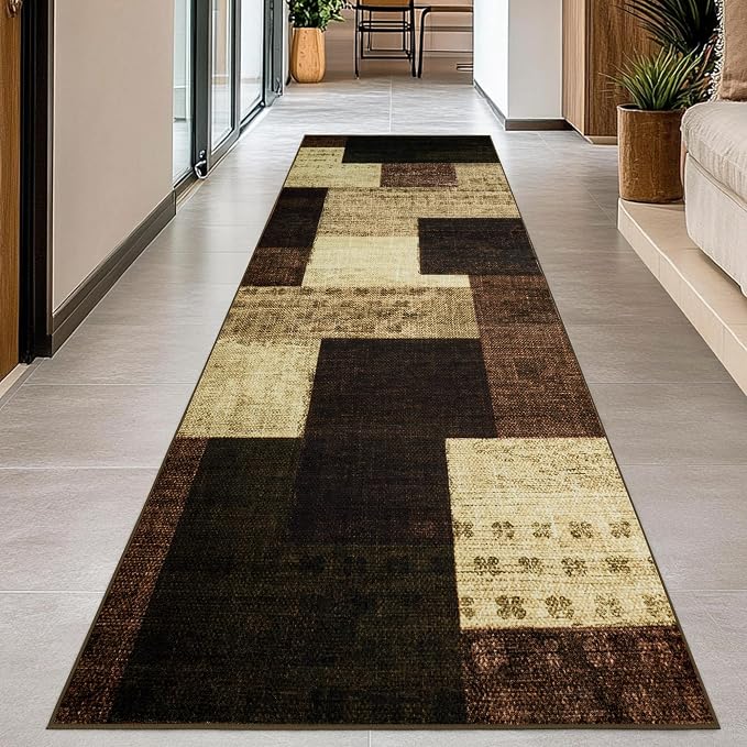 Modern Geometric Patchwork Indoor Runner Rug for Living Room, Warm Taupe 2.7'x 10' Rug Rockwood Collection Hardwood Floors Decor for Bedroom, Taupe Throw Carpet for Office Entryway Dining Room