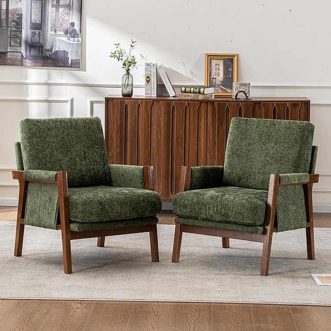 Mid Century Modern Accent Chair with Wood Frame, Upholstered Living Room Chairs with Wide Armrest, Chenille Fabric Comfy Arm Chair for Bedroom, Reading Room, Balcony (2, Green)